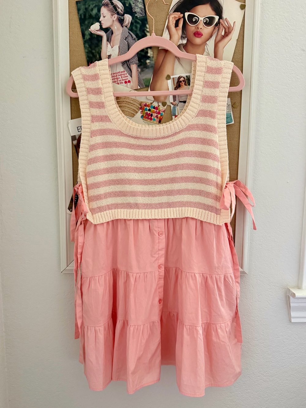 Sleeveless Pink Tiered Dress with Striped Knit Overlay